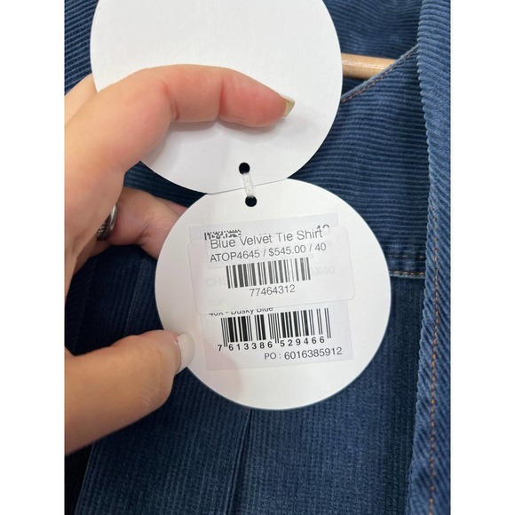 See by Chloe Knotted Tie Codruroy Blouse Top Women's Dusky Blue Size: Large NWT - Picture 8 of 10